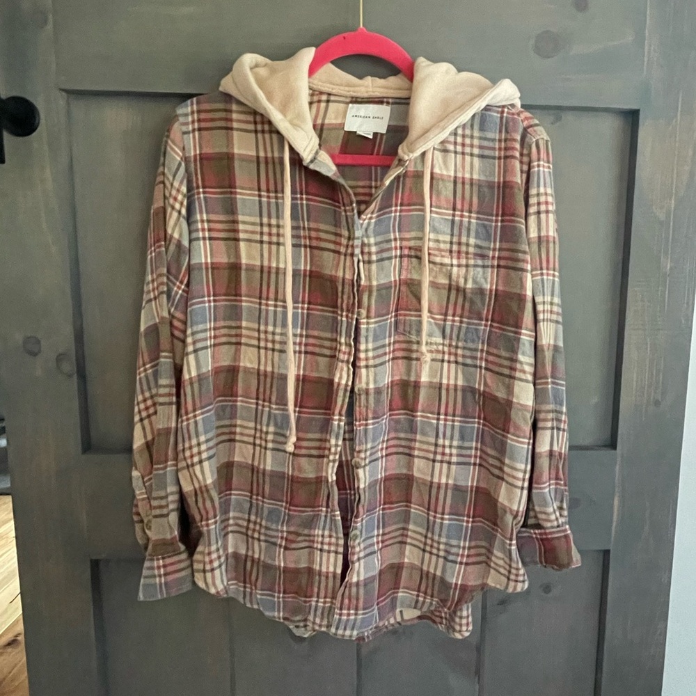American Eagle Outfitters Hooded Plaid Shirt in  Browns & dark red & blue grey